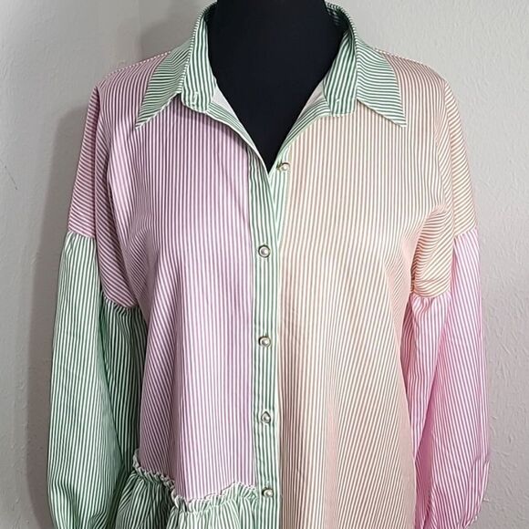 Simplee Lantern Sleeve Colorblock Pinstripe Shirt Dress, Size Medium, NWT - Picture 4 of 11